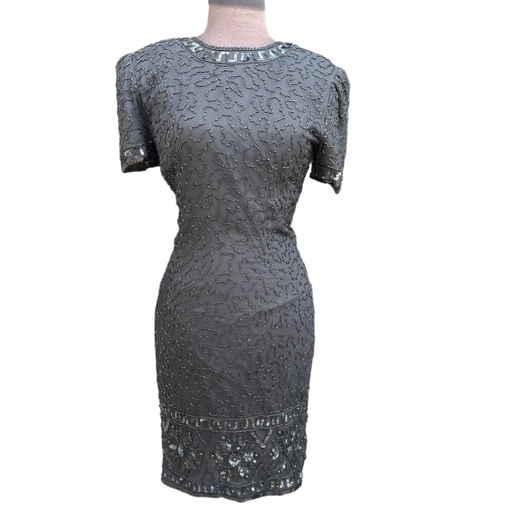 Stenay Black Silk Beaded Bold Shoulder Modest Mob Wife Whimsigoth Glam Dress 4